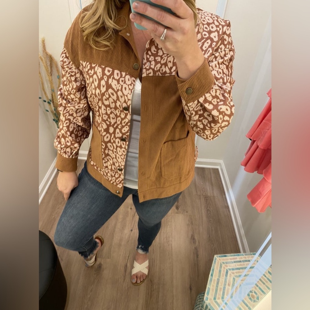 NWT brown leopard patch corduroy jacket size large